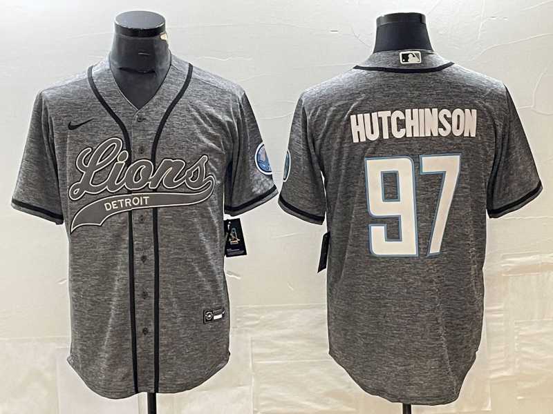 Mens Detroit Lions #97 Aidan Hutchinson Grey Gridiron With Patch Cool Base Baseball Limited Jersey